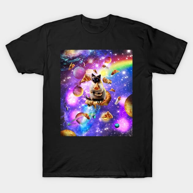 Space Siamese Cat Eating Pizza In Rainbow Galaxy T-Shirt by Random Galaxy